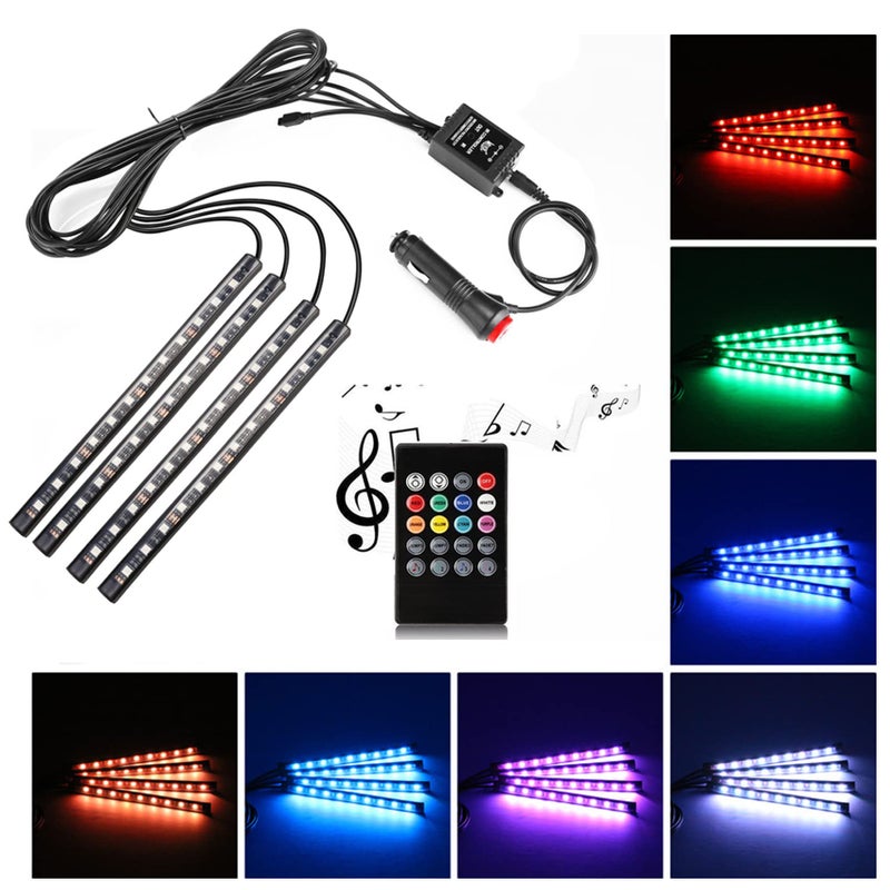 Car LED Strip LightUniwit 4 Pieces DC 12V 72 LED Multicolor Car Interior Music Light LED Underdash Lighting Kit with Sound Active Function and Wireless Remote Control Including Car Charger