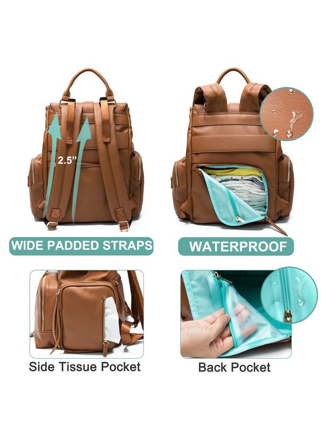 MOMINSIDE حقيبة ظهر مومنسيد لحفاضات الأطفال مع 14 جيب، حقيبة جلدية للأطفال، حقائب حفاضات للأطفال، 4 جيوب معزولة، وسادة تغيير، أحزمة عربة الأطفال (بني) - Image 4