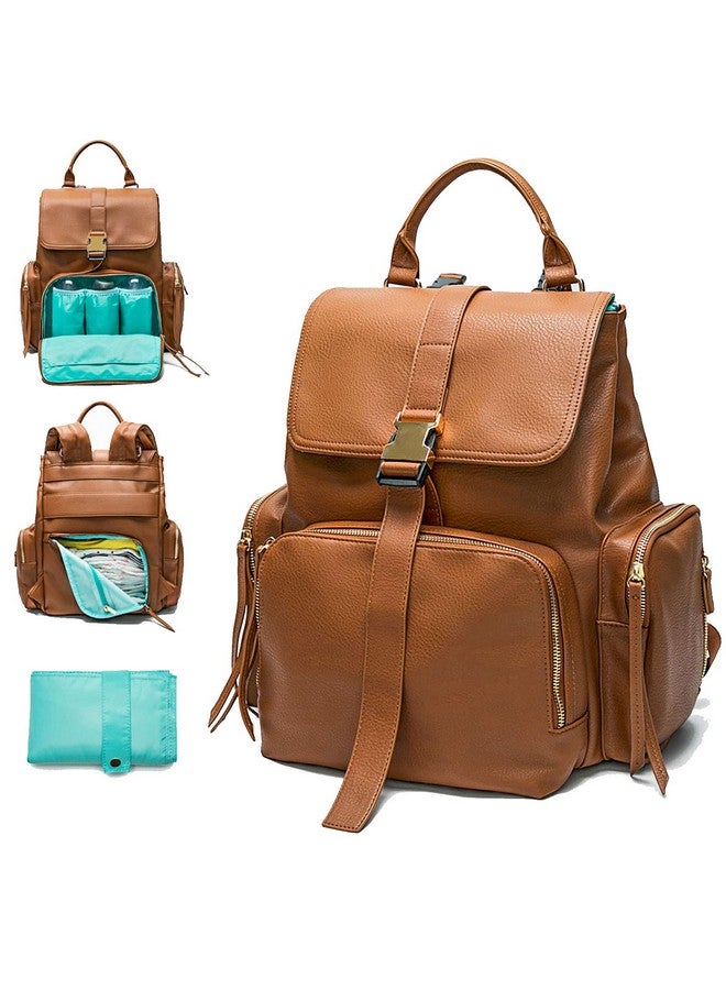 MOMINSIDE حقيبة ظهر مومنسيد لحفاضات الأطفال مع 14 جيب، حقيبة جلدية للأطفال، حقائب حفاضات للأطفال، 4 جيوب معزولة، وسادة تغيير، أحزمة عربة الأطفال (بني) - Image 1