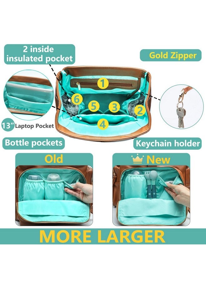 MOMINSIDE حقيبة ظهر مومنسيد لحفاضات الأطفال مع 14 جيب، حقيبة جلدية للأطفال، حقائب حفاضات للأطفال، 4 جيوب معزولة، وسادة تغيير، أحزمة عربة الأطفال (بني) - Image 3