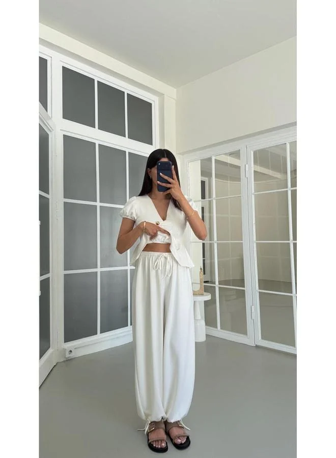 Gaus  Ecru Gold Button-Detail Peplum Blouse with Elastic Waist Wide-Leg Pants Two-Piece Modal Set GAUS-01673 for Women | Best Price UAE