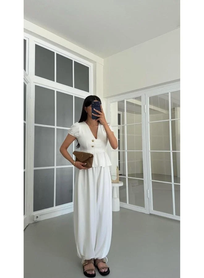 Ecru Gold Button-Detail Peplum Blouse with Elastic Waist Wide-Leg Pants Two-Piece Modal Set GAUS-01673