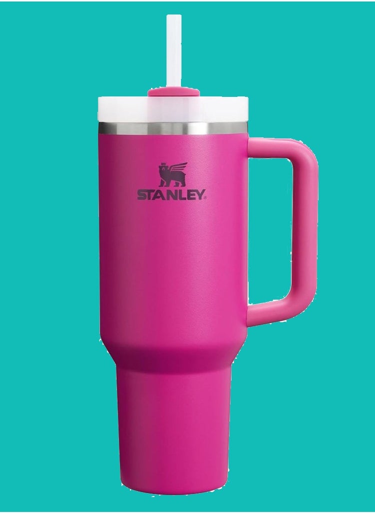 H2.0 40oz Insulated Stainless Steel Tumbler with Handle & Straw – BPA-Free Travel Mug with Leak-Resistant Twist-On 3-Way Lid – Keeps Drinks Hot or Cold for Hours – Cupholder Compatible, Durable & Reusable – Perfect for Work, Gym, and Outdoor Use – Fuchsia