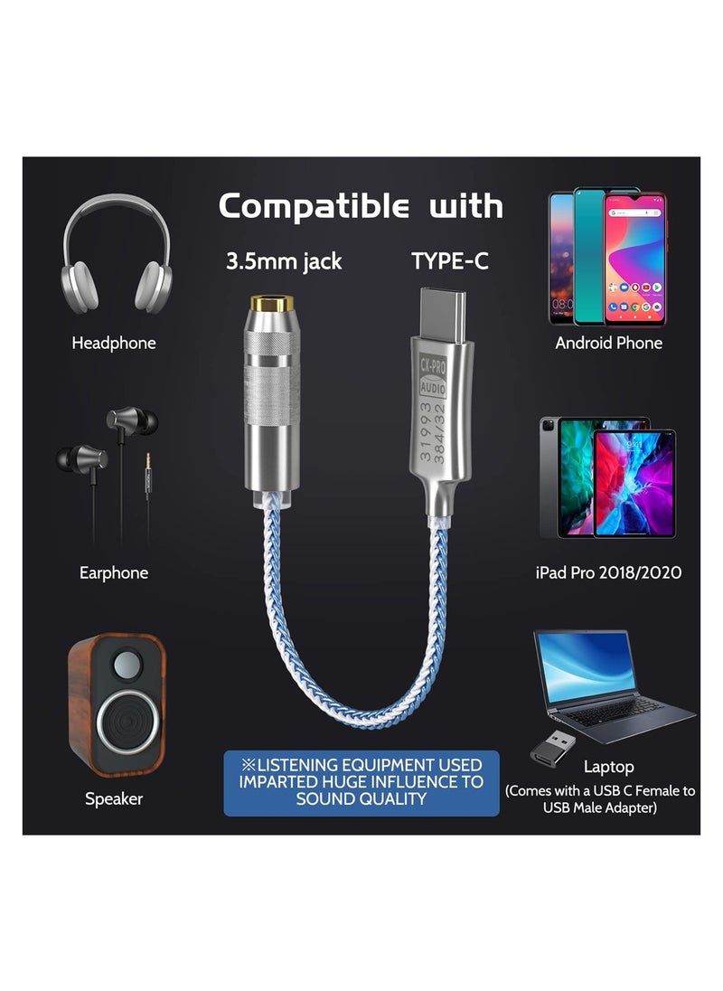 USB C to 3.5mm Audio Adapter, CX Pro USB C Headphone Adapter DAC Chip Headphone Amp HiFi Headphone Jack Adapter USB C to Headphone Jack for Type C Devices, Hi-Res Lossless Music