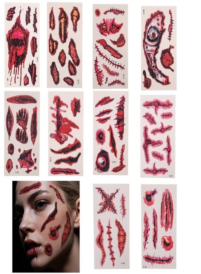 Muswarm Halloween Temporary Tattoos, Face and Body Tattoos, Realistic Scar Stickers, Waterproof Wound Stickers, Party and Makeup Accessories Decorate,10 Sheets - Image 1