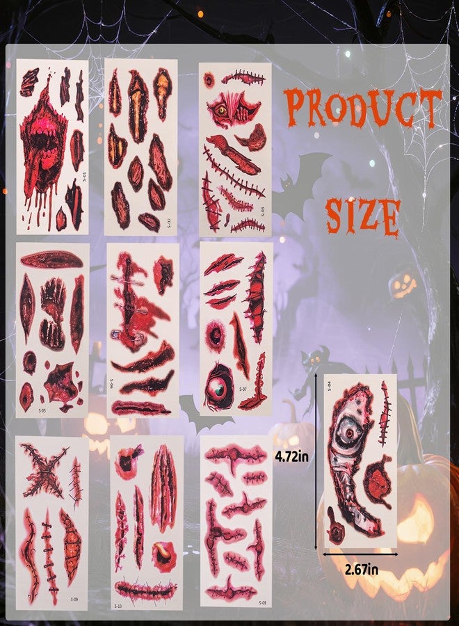 Muswarm Halloween Temporary Tattoos, Face and Body Tattoos, Realistic Scar Stickers, Waterproof Wound Stickers, Party and Makeup Accessories Decorate,10 Sheets - Image 2