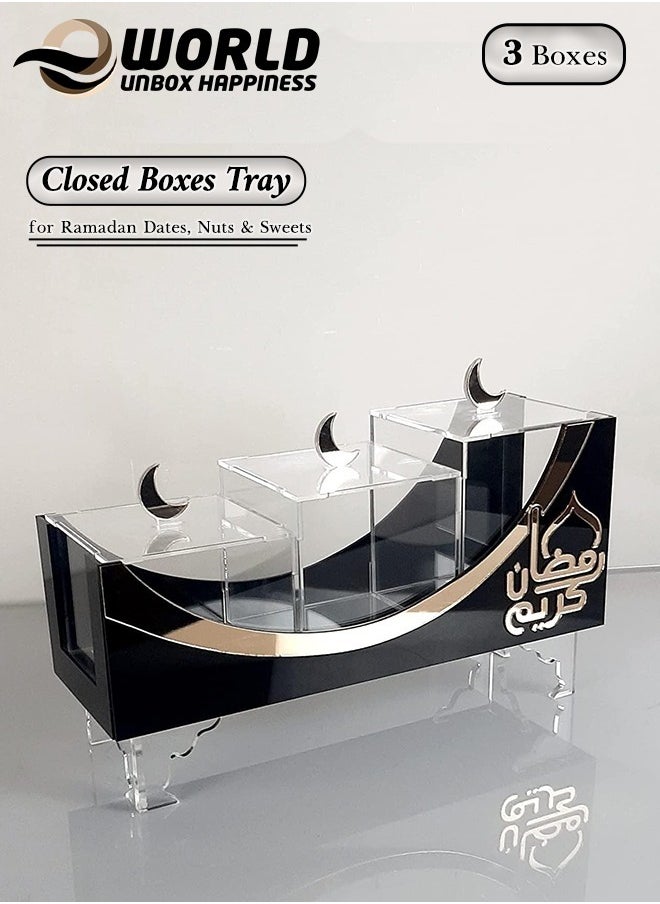 Eworld - Exquisite Ramadan Sweets Display Tray with Ramadan Kareem Calligraphy Decorations, Features a Wooden Tray with 3 Enclosed Box for Preserving Ramadan Sweets - Image 1