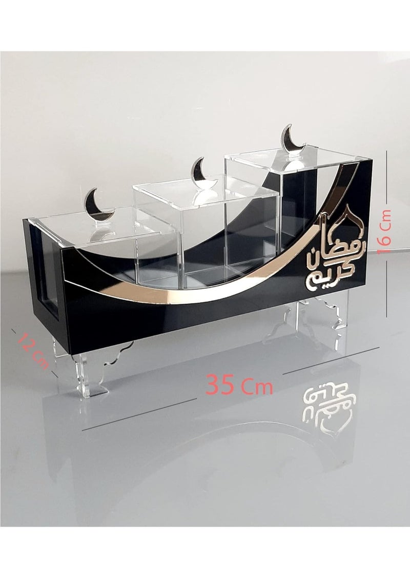 Eworld - Exquisite Ramadan Sweets Display Tray with Ramadan Kareem Calligraphy Decorations, Features a Wooden Tray with 3 Enclosed Box for Preserving Ramadan Sweets - Image 1