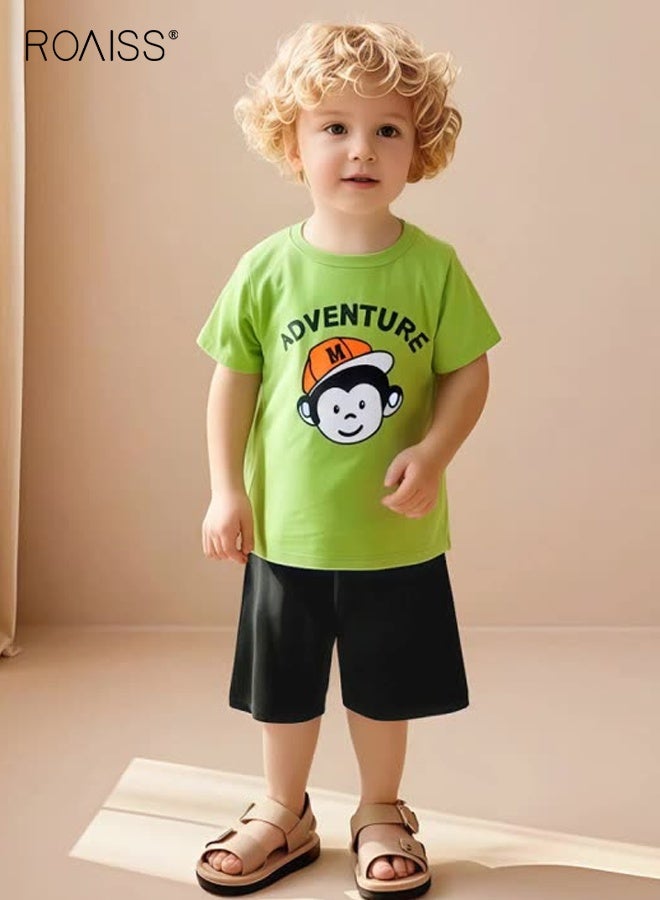 roaiss Little Boy T-Shirt and Shorts Set, Stylish 2-Piece Outfit for Toddler Boys, Summer Cotton Outfit with Cartoon Top and Drawstring Shorts, Perfect for Daily Wear or Various Occasions  - Image 2
