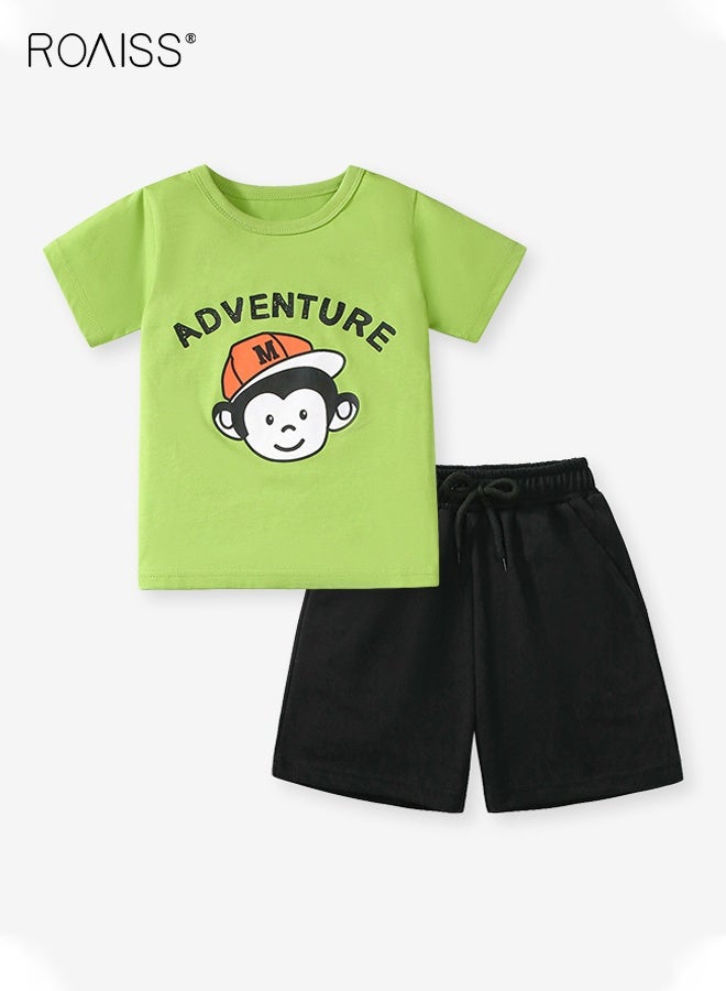رويس طقم صيفي من قطعتين للأولاد الصغار، طقم قطني مع قميص كرتوني وشورت برباط، طقم قميص صغير لطيف وشورت سادة، مثالي للارتداء اليومي أو للمناسبات المختلفة - Image 2