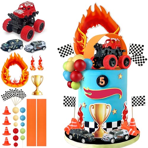 KEEPARTY 30PCS Truck Cake Decorations Truck Cake Toppers Red Blue Yellow Green Balls Race Car Cake Toppers for Truck Themed Racing Car Party Decorations Supplies - Image 1