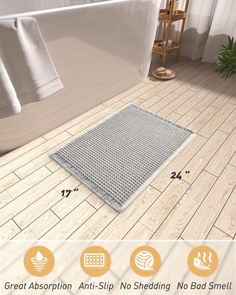 AMOAMI Upgraded Waffle Bath Mat, Super Absorbent Non Slip Bath Mats for Bathroom Floor, Machine Washable Bathroom Rugs with Tassels, Rubber Backed Bathroom Mats, Ultra Soft, 17" x 24",LightGrey & Cream - Image 2