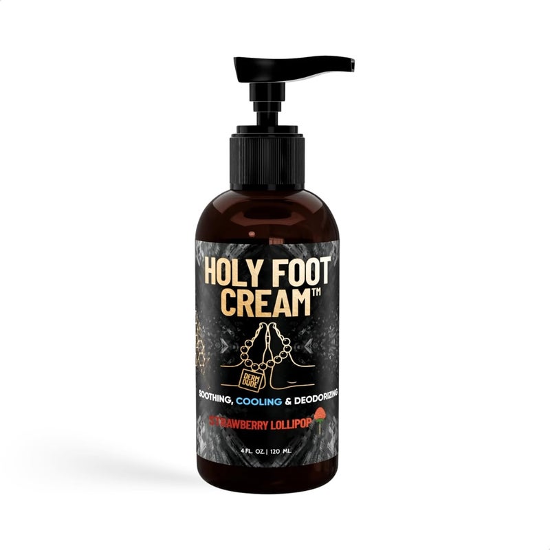 Derm Dude Holy Foot Cream for Dry Cracked Heels and Feet | Moisturizing Lotion Formulated w/All-Natural DeoPlex for Odor Control & Arrowroot for Deep Hydration - Strawberry Lollipop Scent 4oz (1pack) - Image 1