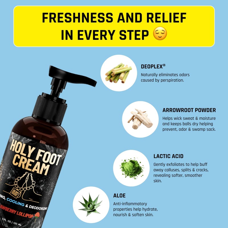 Derm Dude Holy Foot Cream for Dry Cracked Heels and Feet | Moisturizing Lotion Formulated w/All-Natural DeoPlex for Odor Control & Arrowroot for Deep Hydration - Strawberry Lollipop Scent 4oz (1pack) - Image 3