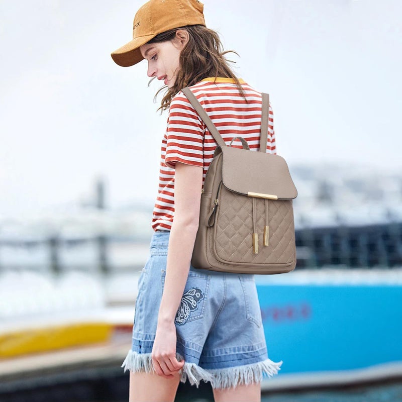 KKXIU Quilted Trendy Leather Backpack Purse for Women and Ladies Shoulder Travel Daypacks Bags (Khaki) - Image 2