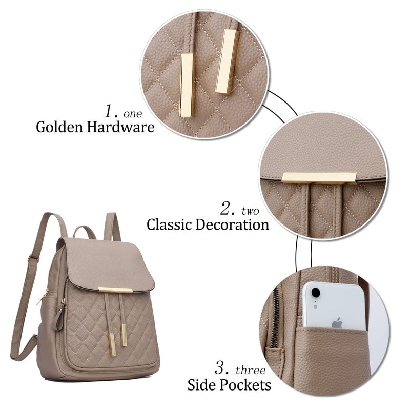 KKXIU Quilted Trendy Leather Backpack Purse for Women and Ladies Shoulder Travel Daypacks Bags (Khaki) - Image 3
