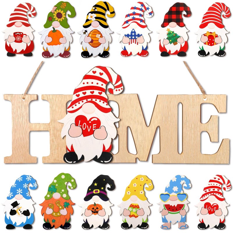 Yookeer قابلة للتبديل Gnome Home Sign Wood Valentine Day Door Sign Signal Gnome Decor Rustic GNOM - Image 1