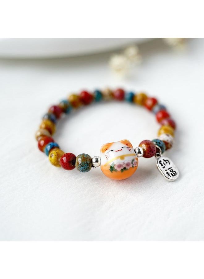 نيبمينينت Fresh And Sweet Ethnic Style Lucky Cat Ceramic Bracelet Handmade Beaded Classmates Friends Lovers Hand Rope Manufacturers 