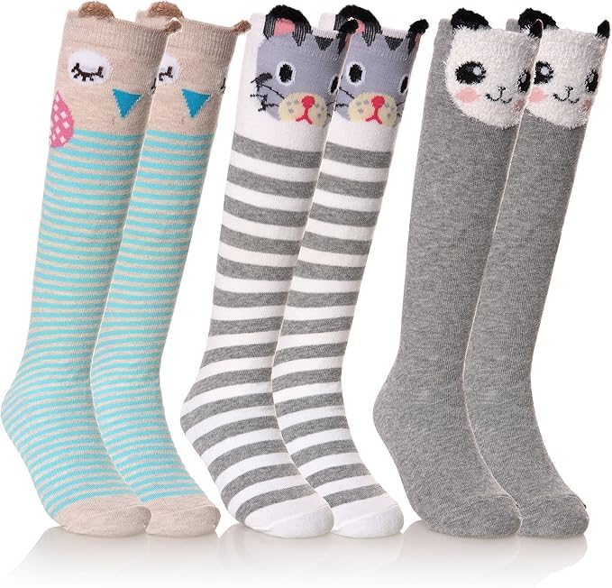 Galox Girls Knee High Socks Crazy Fun Gift Cute Animal Patterns Cotton Long Socks For 5-14 Years Tall Socks Teenage Girls 3 Pair Socks - Image 1