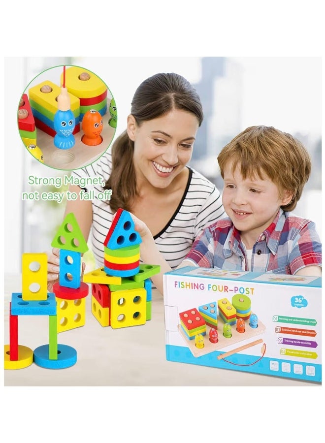 Toy Land Wooden Fishing Game Toy Set for Kids – Magnetic Fishing Four-Post Puzzle Board with Shapes Sorting, Hand-Eye Coordination & Early Learning Educational Toy (36+ Months) - Image 2