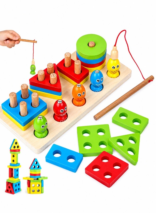 Toy Land Wooden Fishing Game Toy Set for Kids – Magnetic Fishing Four-Post Puzzle Board with Shapes Sorting, Hand-Eye Coordination & Early Learning Educational Toy (36+ Months) - Image 1