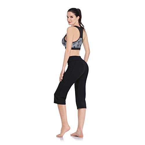 HISKYWIN Women's Yoga Capri Pants Flare Workout Bootleg Pants Bootcut Crop Side Pockets HF821-Black-XXL - Image 4