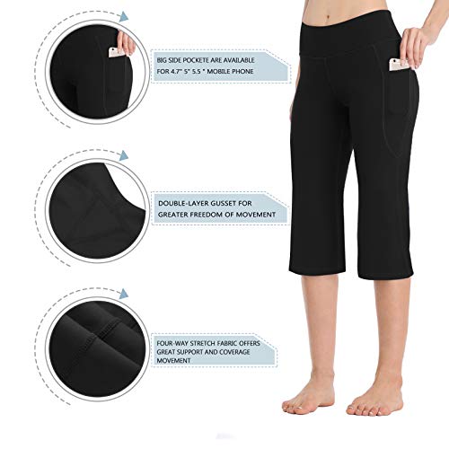 HISKYWIN Women's Yoga Capri Pants Flare Workout Bootleg Pants Bootcut Crop Side Pockets HF821-Black-XXL - Image 5