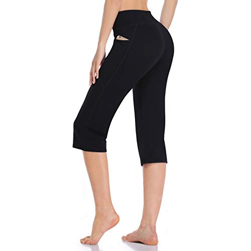 HISKYWIN Women's Yoga Capri Pants Flare Workout Bootleg Pants Bootcut Crop Side Pockets HF821-Black-XXL - Image 1