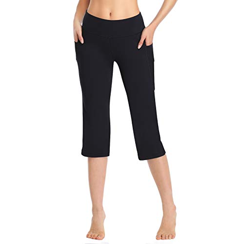 HISKYWIN Women's Yoga Capri Pants Flare Workout Bootleg Pants Bootcut Crop Side Pockets HF821-Black-XXL - Image 3