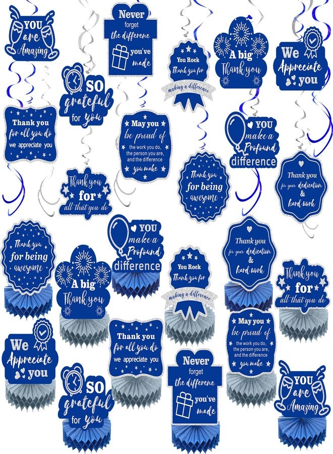 Weekgrat 36 Pcs We Appreciate You Decoration Thank You Table Honeycomb Centerpieces Appreciate Hanging Swirls Banner for Employee Teacher Nurse Staff Appreciation Party Decor(Blue Silver,Classic) - Image 1