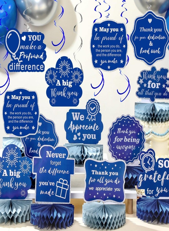 Weekgrat 36 Pcs We Appreciate You Decoration Thank You Table Honeycomb Centerpieces Appreciate Hanging Swirls Banner for Employee Teacher Nurse Staff Appreciation Party Decor(Blue Silver,Classic) - Image 2