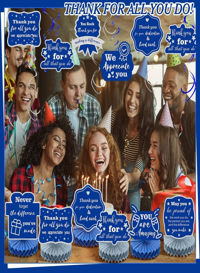 Weekgrat 36 Pcs We Appreciate You Decoration Thank You Table Honeycomb Centerpieces Appreciate Hanging Swirls Banner for Employee Teacher Nurse Staff Appreciation Party Decor(Blue Silver,Classic) - Image 5