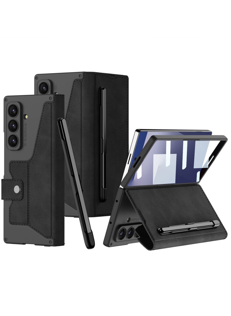 For Samsung Galaxy Z Fold 7 Case, Built-in Screen Protector, with Removable Pen Holder (S-Pen Not Included), Classic Business Leather Full Body Flip Case - Image 1