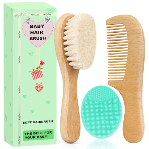 Molylove Baby Hair Brush with Wooden Handle and Comb Set for Newborns Toddlers Natural Soft Goat Bristles l Wood Comb l Green Cradle Cap Brush Ideal for Cradle Cap 3 Piece - Image 1