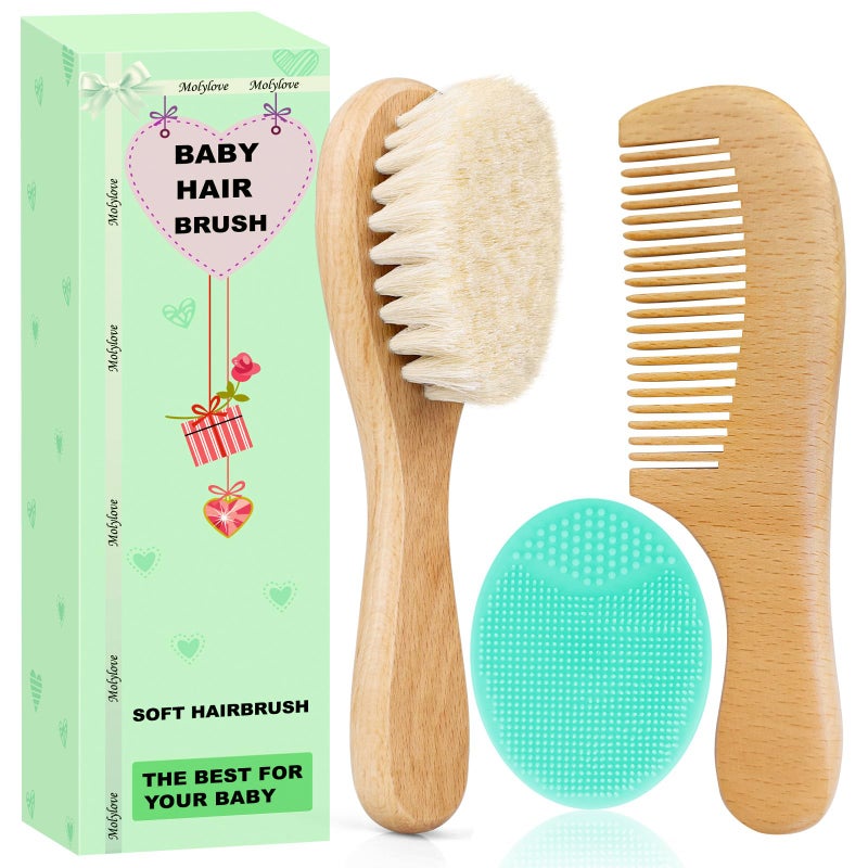 Molylove Baby Hair Brush with Wooden Handle and Comb Set for Newborns Toddlers Natural Soft Goat Bristles l Wood Comb l Green Cradle Cap Brush Ideal for Cradle Cap 3 Piece - Image 3