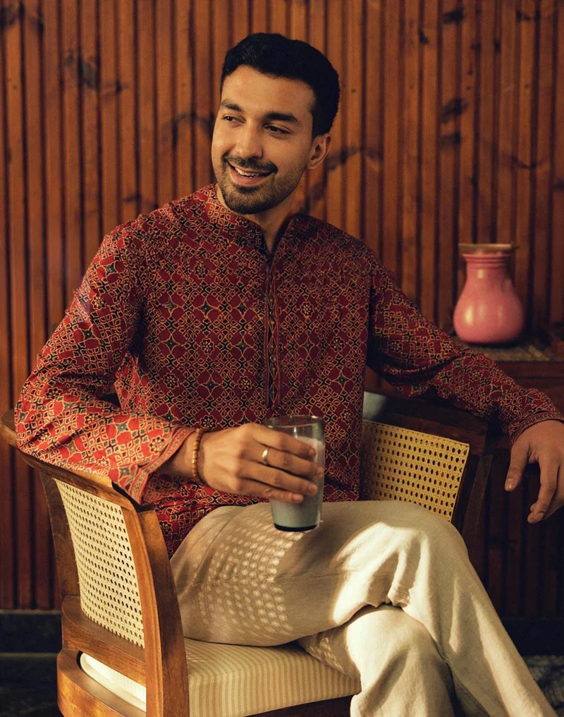 Fabindia Maroon Cotton Ajrakh Printed Slim Fit Short Kurta