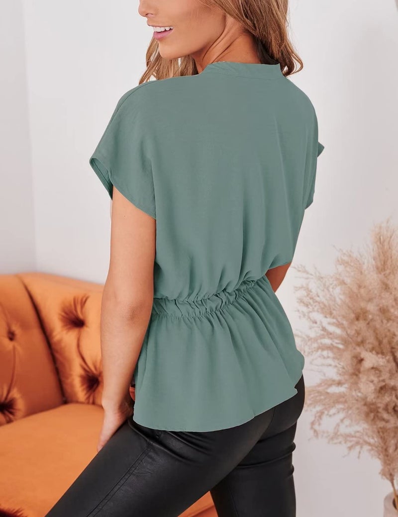 CiCiBird Womens Button Down Blouses Casual Peplum Summer Tops Dressy Chiffon Work Blouse Turquoise - Image 2