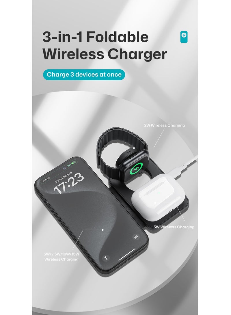 Benks 3-in-1 Foldable Magnetic Wireless Charger Station, 15W All-in-One Fast Charging, for iPhone, Apple Watch, AirPods Magsafe Charger with Variable angle, Compact for Travel White(W12) - Image 3