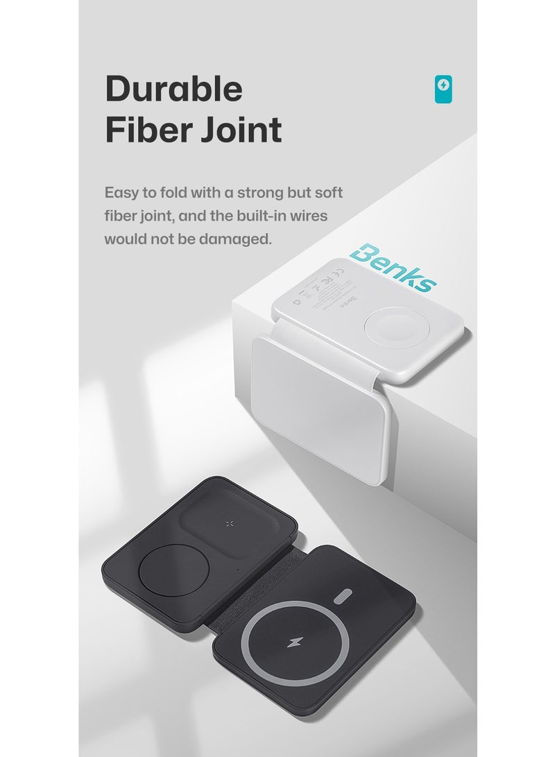 Benks 3-in-1 Foldable Magnetic Wireless Charger Station, 15W All-in-One Fast Charging, for iPhone, Apple Watch, AirPods Magsafe Charger with Variable angle, Compact for Travel White(W12) - Image 5