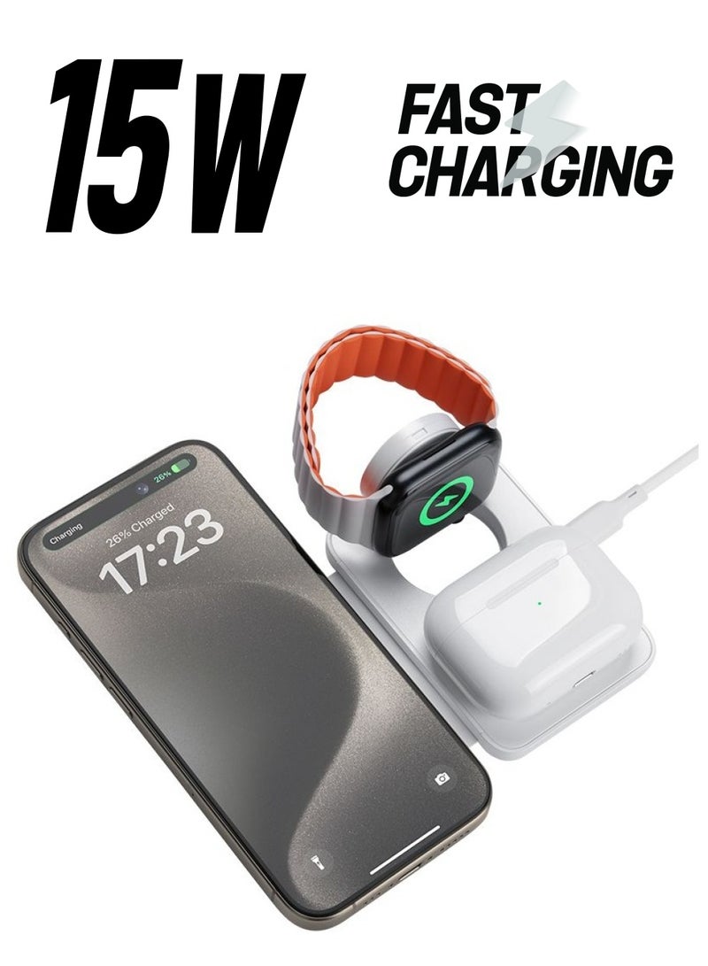 Benks 3-in-1 Foldable Magnetic Wireless Charger Station, 15W All-in-One Fast Charging, for iPhone, Apple Watch, AirPods Magsafe Charger with Variable angle, Compact for Travel White(W12) - Image 1