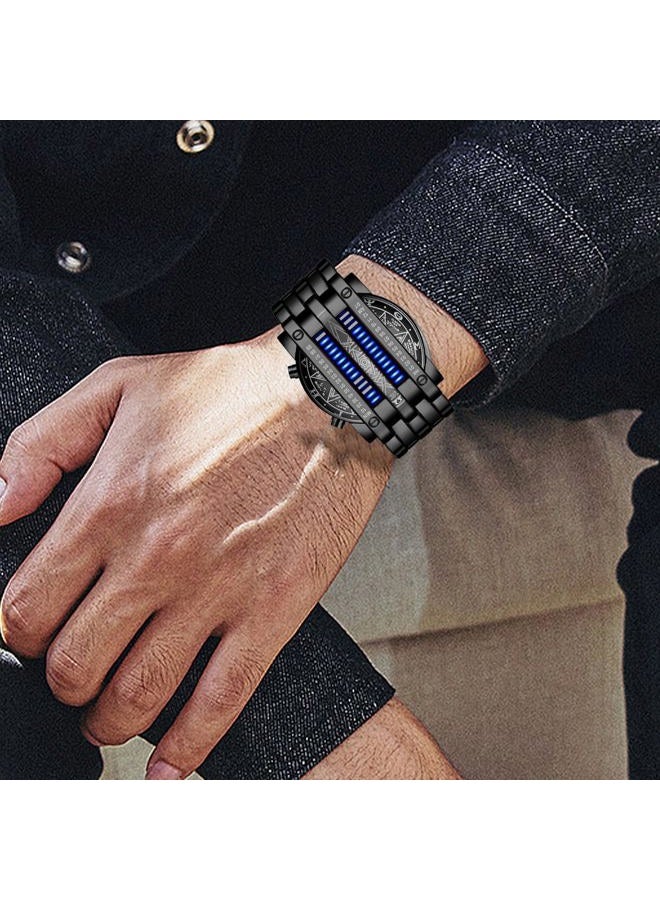 Fanmis Creative Mens Binary Matrix Blue LED Digital Watch Fashion Classic Black Plated Waterproof LED Backlight Bracelet Watches, X Black Blue, Dress Watch - Image 2