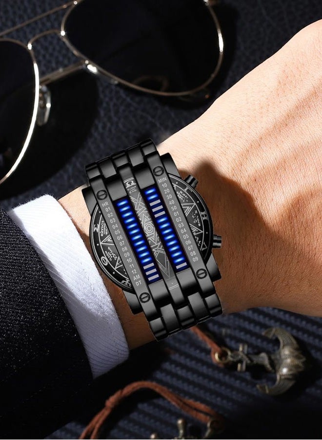 Fanmis Creative Mens Binary Matrix Blue LED Digital Watch Fashion Classic Black Plated Waterproof LED Backlight Bracelet Watches, X Black Blue, Dress Watch - Image 3
