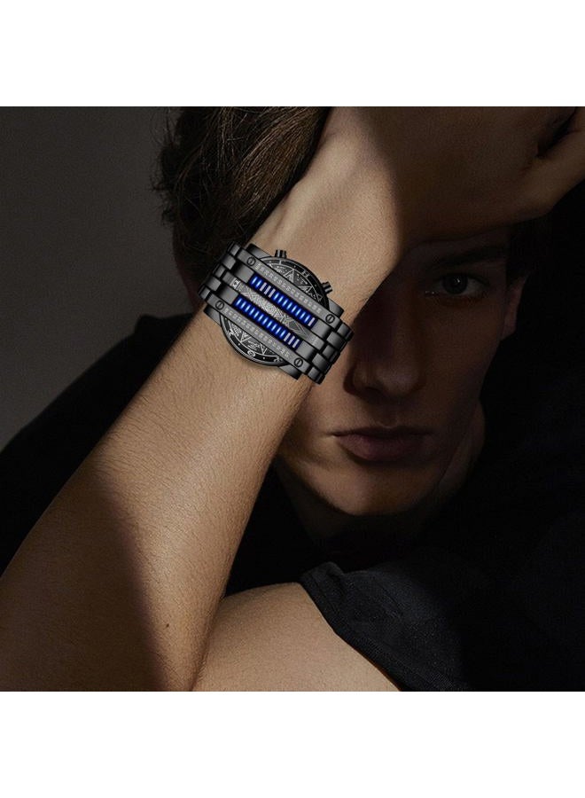 Fanmis Creative Mens Binary Matrix Blue LED Digital Watch Fashion Classic Black Plated Waterproof LED Backlight Bracelet Watches, X Black Blue, Dress Watch - Image 5