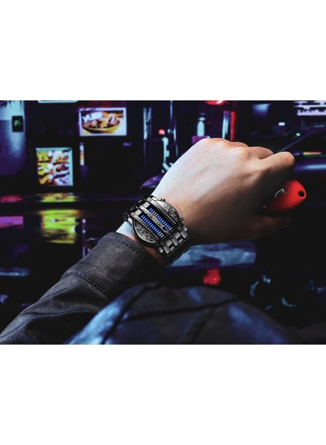 Fanmis Creative Mens Binary Matrix Blue LED Digital Watch Fashion Classic Black Plated Waterproof LED Backlight Bracelet Watches, X Black Blue, Dress Watch - Image 4