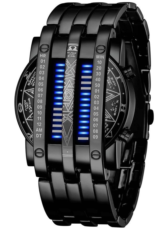 Fanmis Creative Mens Binary Matrix Blue LED Digital Watch Fashion Classic Black Plated Waterproof LED Backlight Bracelet Watches, X Black Blue, Dress Watch - Image 1