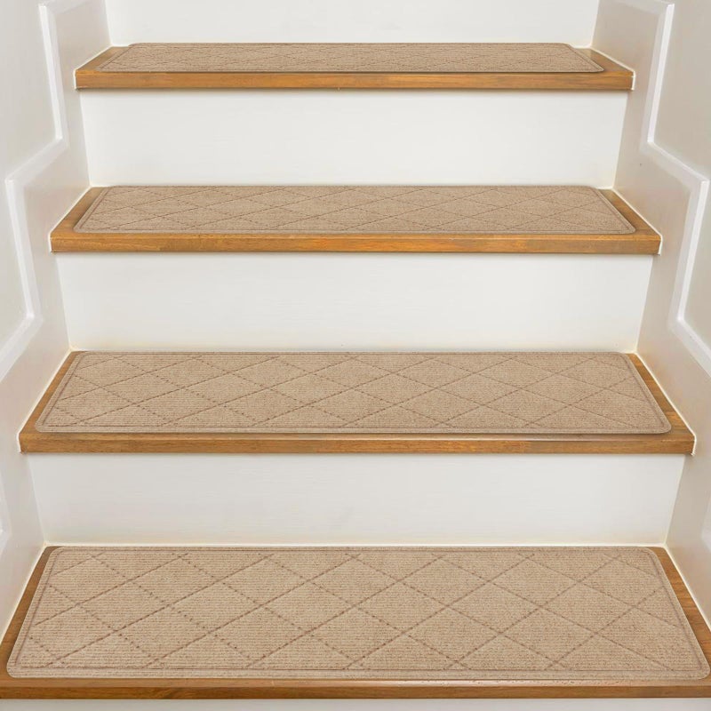 KOOTETA Stair Treads for Wooden Steps Indoor, 15 Pack 8" X 30" Non Slip Carpet Stair Treads with Reusable Adhesive for Kids Elders and Dogs, Surface Polyester TPR Backing Stair Rugs, Beige - Image 1