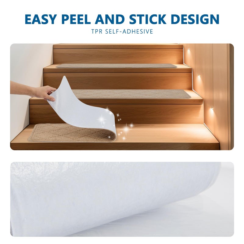 KOOTETA Stair Treads for Wooden Steps Indoor, 15 Pack 8" X 30" Non Slip Carpet Stair Treads with Reusable Adhesive for Kids Elders and Dogs, Surface Polyester TPR Backing Stair Rugs, Beige - Image 3