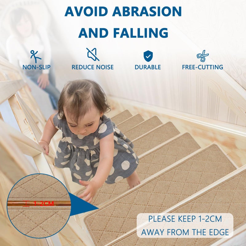KOOTETA Stair Treads for Wooden Steps Indoor, 15 Pack 8" X 30" Non Slip Carpet Stair Treads with Reusable Adhesive for Kids Elders and Dogs, Surface Polyester TPR Backing Stair Rugs, Beige - Image 4