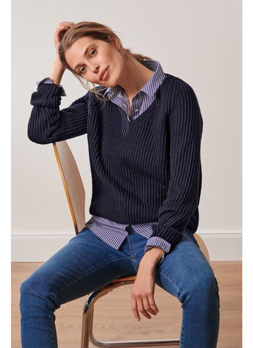 Tchibo - Women V Neck Knitted Sweater, Navy - Image 1
