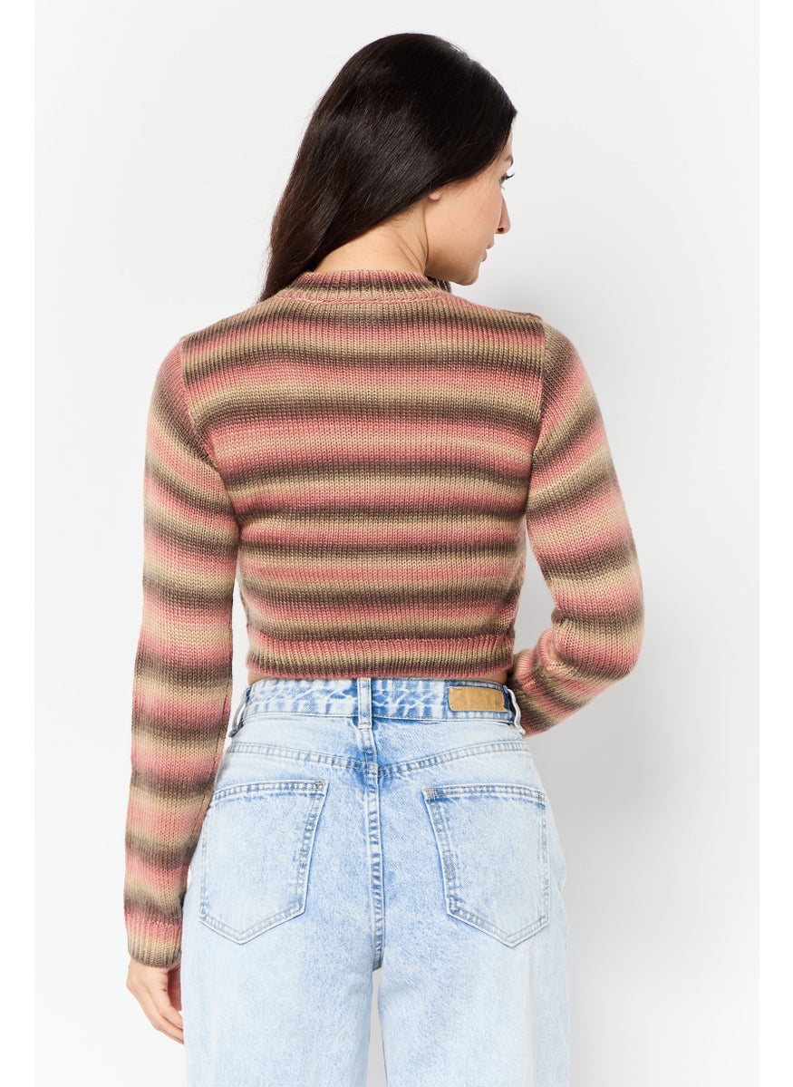 NIA Women Mock Neck Knitted Sweater, Multicolor  - Image 3